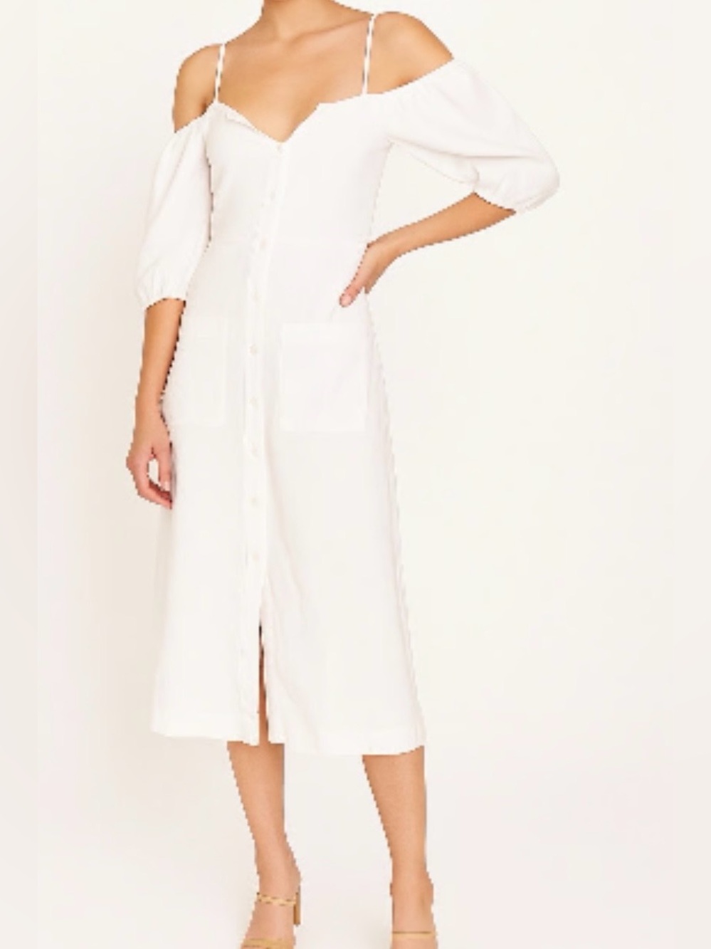 Reformation White Off Shoulder Mini Dress Size Small Button Front Pockets